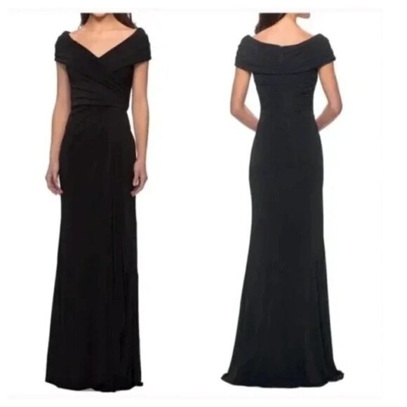 NEW La Femme Size 20 Ruched Jersey Long Gown Black Style 26519